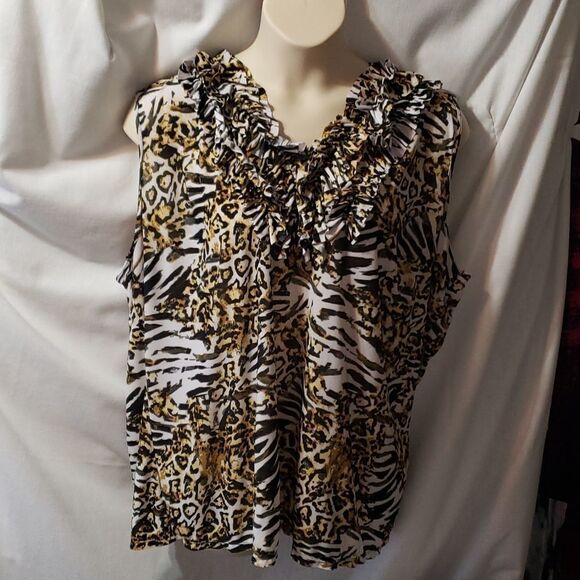Milcino Tops - Milcino.  Ruffled V-Neckline. Animal Print. Sleeveless. Size 3X.